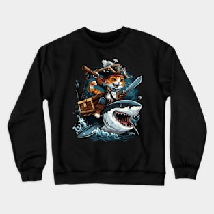 Meow's Shark Ride cat riding shark Crewneck Sweatshirt